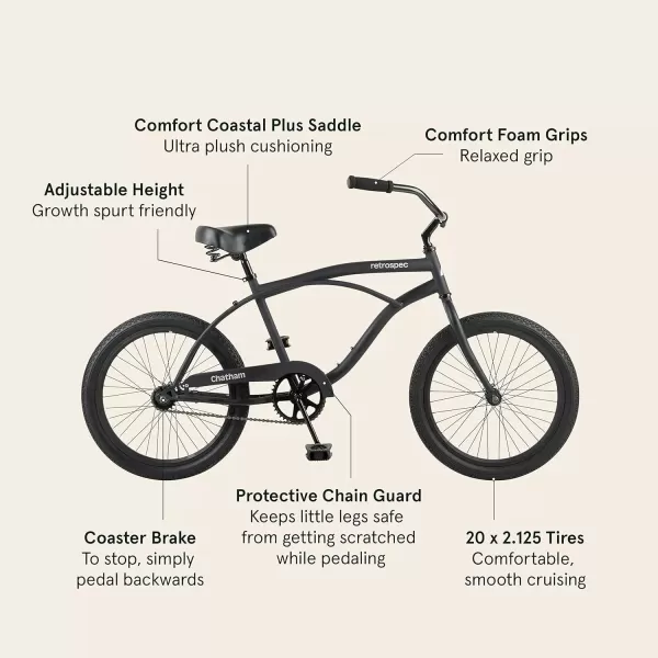 imageRetrospec Chatham 20 ampamp 24 Kids Beach Cruiser Bike 20 or 24inch Wheel Childrens Bicycle for 68 and 811 Year Old Girls and Boys with Coaster Brake Adjustable Seat and HandlebarsMatte Black