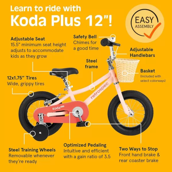 imageRetrospec Koda Plus Kids Bike for Boys ampamp Girls Ages 23 Years  12quot Childrens Bicycle Adjustable Seat ampamp Handlebars Removable Training Wheels Front Hand Brakes Rear Coaster Brake ampamp Safety BellBlush
