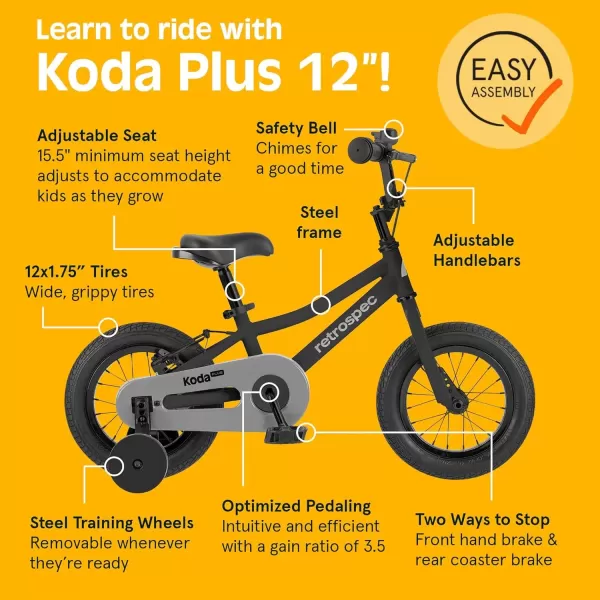 imageRetrospec Koda Plus Kids Bike for Boys ampamp Girls Ages 23 Years  12quot Childrens Bicycle Adjustable Seat ampamp Handlebars Removable Training Wheels Front Hand Brakes Rear Coaster Brake ampamp Safety BellBlack