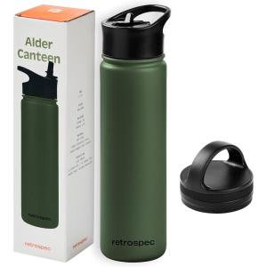imageRetrospec Alder Insulated Water Bottle with Straw Lid ampamp Handle Cap  Stainless Steel Wide Mouth DoubleWall Vacuum Insulated Thermos  BPA Free Leakproof CanteenOlive Drab