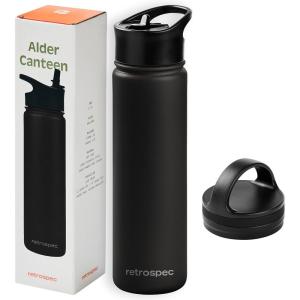 imageRetrospec Alder Insulated Water Bottle with Straw Lid ampamp Handle Cap  Stainless Steel Wide Mouth DoubleWall Vacuum Insulated Thermos  BPA Free Leakproof CanteenBlack