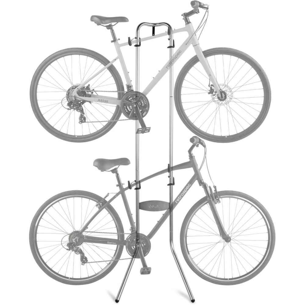 imageRetrospec Double Decker Vertical Garage Bike Rack  Free Standing Floor Storage Stand for 2 Bikes 80lb Capacity No Drilling Required  Adjustable Arms ampamp Rubber BumpersSilver