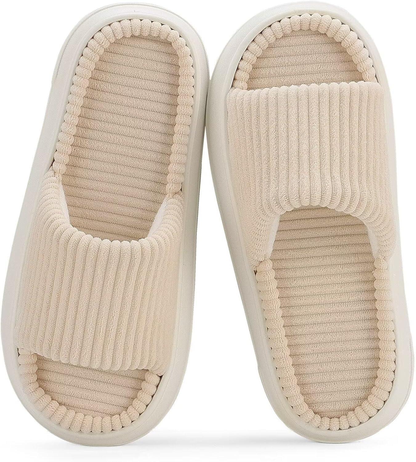 imageNineCiFun Unisex House Slippers Memory Foam Open toe Summer Slippers for Men and Women Corduroy Platform Slippers for Indoor and Outdoor UseBeige