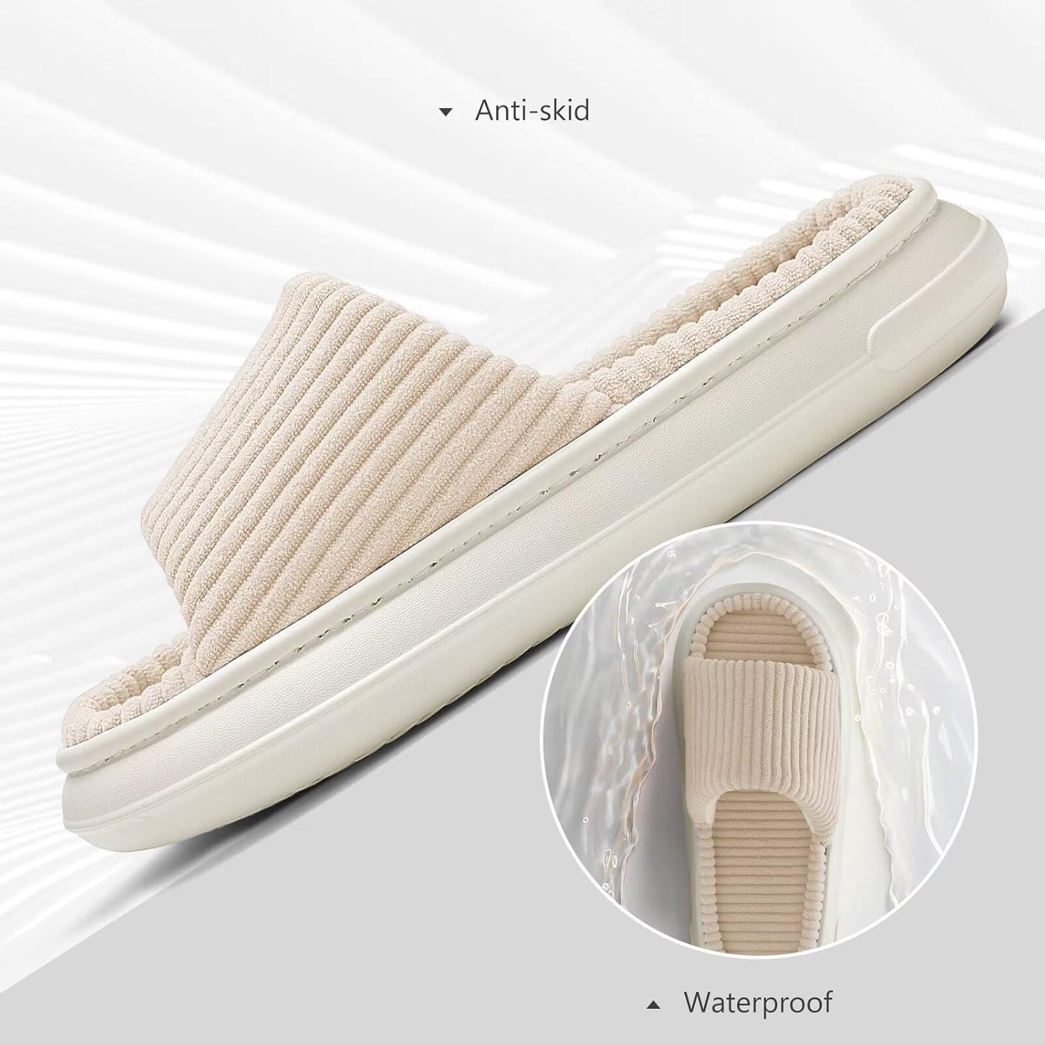 imageNineCiFun Unisex House Slippers Memory Foam Open toe Summer Slippers for Men and Women Corduroy Platform Slippers for Indoor and Outdoor UseBeige