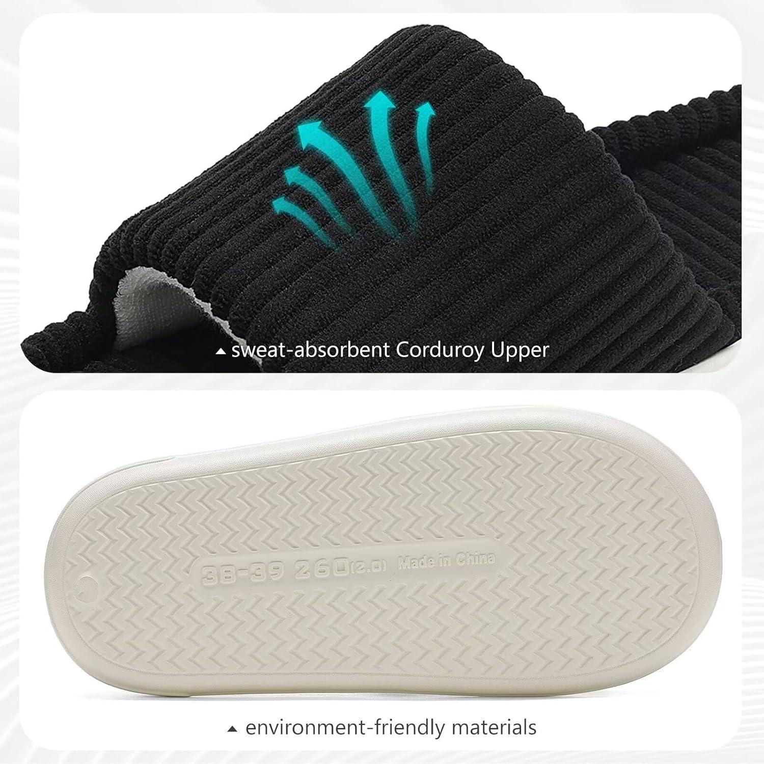 imageNineCiFun Unisex House Slippers Memory Foam Open toe Summer Slippers for Men and Women Corduroy Platform Slippers for Indoor and Outdoor UseBlack