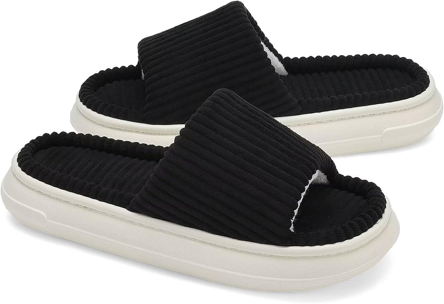 imageNineCiFun Unisex House Slippers Memory Foam Open toe Summer Slippers for Men and Women Corduroy Platform Slippers for Indoor and Outdoor UseBlack