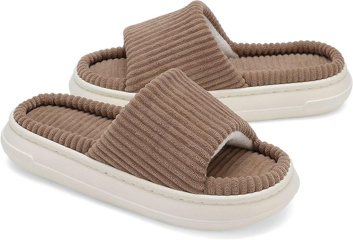 imageNineCiFun Unisex House Slippers Memory Foam Open toe Summer Slippers for Men and Women Corduroy Platform Slippers for Indoor and Outdoor UseBrown