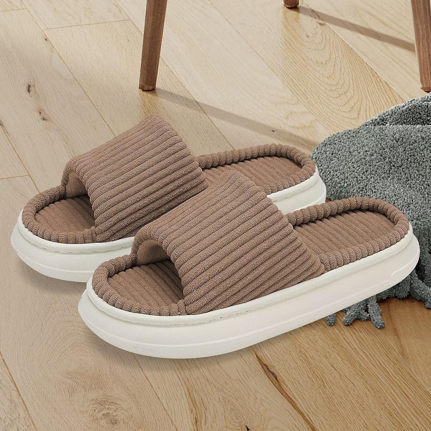imageNineCiFun Unisex House Slippers Memory Foam Open toe Summer Slippers for Men and Women Corduroy Platform Slippers for Indoor and Outdoor UseBrown