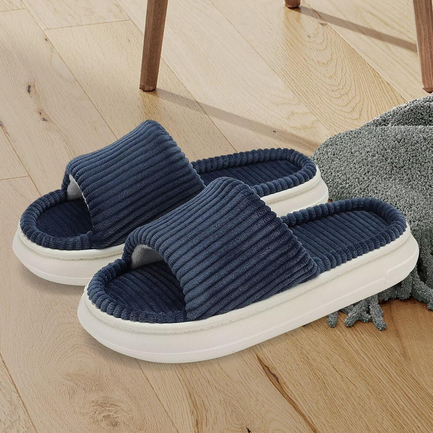 imageNineCiFun Unisex House Slippers Memory Foam Open toe Summer Slippers for Men and Women Corduroy Platform Slippers for Indoor and Outdoor UseNavy