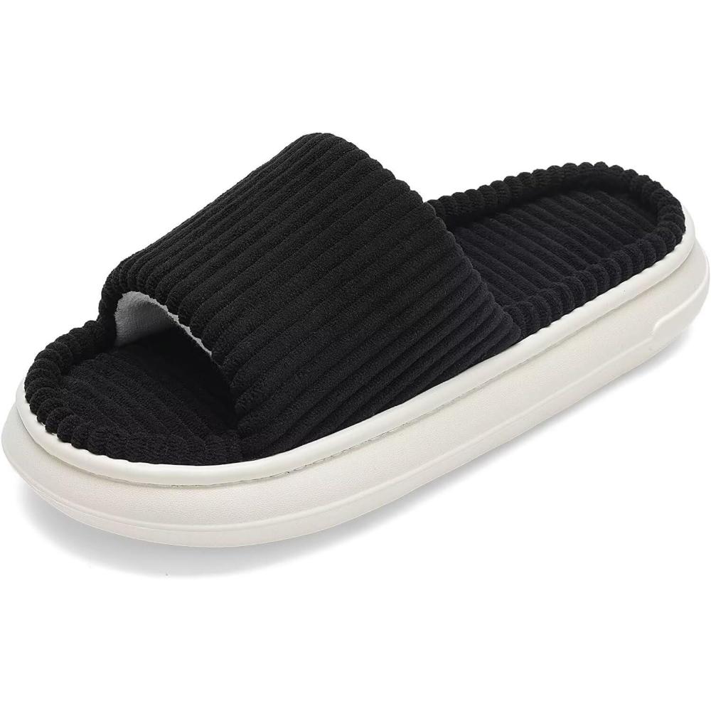 imageNineCiFun Unisex House Slippers Memory Foam Open toe Summer Slippers for Men and Women Corduroy Platform Slippers for Indoor and Outdoor UseBlack
