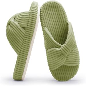 imageChantomoo Slippers for Women Memory Foam House Bedroom Corduroy Bow Crossbands Slide Slipper Shoes Comfy Trendy Gift SlippersAvocado Green