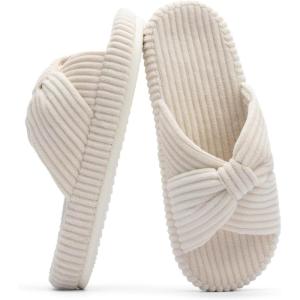 imageChantomoo Slippers for Women Memory Foam House Bedroom Corduroy Bow Crossbands Slide Slipper Shoes Comfy Trendy Gift SlippersBeige