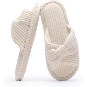 imageChantomoo Slippers for Women Memory Foam House Womens Slipper Slides Home Bedroom Bathroom Spa Open Toe Corduroy Bow Slippers Cozy ComfortableBeige
