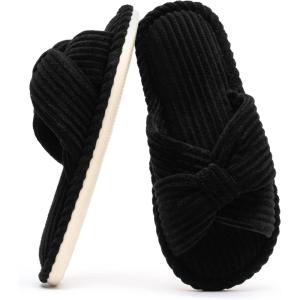 imageChantomoo Slippers for Women Memory Foam House Womens Slipper Slides Home Bedroom Bathroom Spa Open Toe Corduroy Bow Slippers Cozy ComfortableBlack