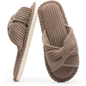 imageChantomoo Slippers for Women Memory Foam House Womens Slipper Slides Home Bedroom Bathroom Spa Open Toe Corduroy Bow Slippers Cozy ComfortableBrown