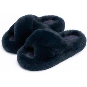 imageChantomoo Womens Slippers Memory Foam House Bedroom Slippers for Women Fuzzy Plush Comfy Faux Fur Lined Slide Shoes AntiSkid Sole Trendy Gift SlippersNavy Cross