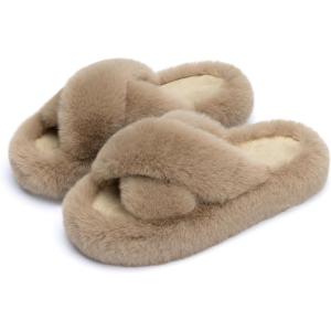 imageChantomoo Womens Slippers Memory Foam House Bedroom Slippers for Women Fuzzy Plush Comfy Faux Fur Lined Slide Shoes AntiSkid Sole Trendy Gift SlippersLight Brown Cross