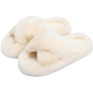 imageChantomoo Womens Slippers Memory Foam House Bedroom Slippers for Women Fuzzy Plush Comfy Faux Fur Lined Slide Shoes AntiSkid Sole Trendy Gift SlippersBeige Cross