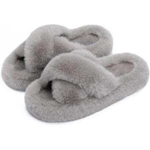 imageChantomoo Womens Slippers Memory Foam House Bedroom Slippers for Women Fuzzy Plush Comfy Faux Fur Lined Slide Shoes AntiSkid Sole Trendy Gift SlippersGrey Cross