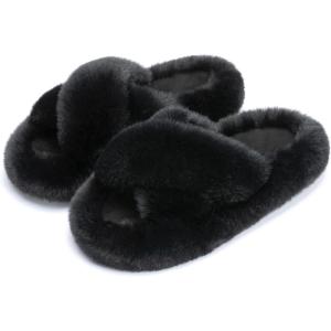 imageChantomoo Womens Slippers Memory Foam House Bedroom Slippers for Women Fuzzy Plush Comfy Faux Fur Lined Slide Shoes AntiSkid Sole Trendy Gift SlippersBlack Cross