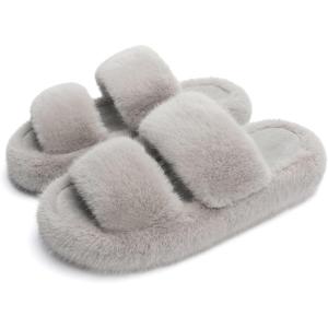 imageChantomoo Womens Slippers Memory Foam Slippers for Women Fuzzy Comfy Faux Fur House Shoes Furry Bedroom Indoor Open Toe Slippers Two Bands Trendy Gift SlippersGrey