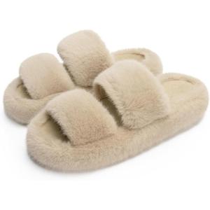imageChantomoo Womens Slippers Memory Foam Slippers for Women Fuzzy Comfy Faux Fur House Shoes Furry Bedroom Indoor Open Toe Slippers Two Bands Trendy Gift SlippersCamel