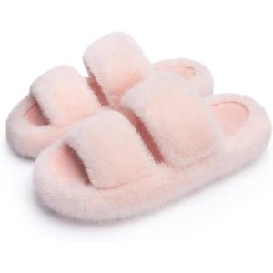 imageChantomoo Womens Slippers Memory Foam Slippers for Women Fuzzy Comfy Faux Fur House Shoes Furry Bedroom Indoor Open Toe Slippers Two Bands Trendy Gift SlippersPink