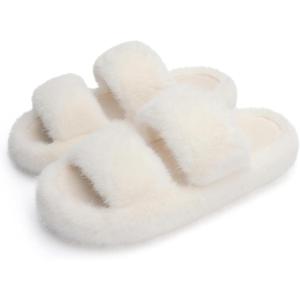 imageChantomoo Womens Slippers Memory Foam Slippers for Women Fuzzy Comfy Faux Fur House Shoes Furry Bedroom Indoor Open Toe Slippers Two Bands Trendy Gift SlippersBeige