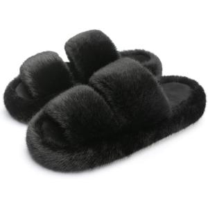 imageChantomoo Womens Slippers Memory Foam Slippers for Women Fuzzy Comfy Faux Fur House Shoes Furry Bedroom Indoor Open Toe Slippers Two Bands Trendy Gift SlippersBlack