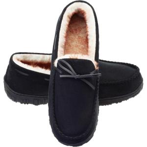 imageLA PLAGE Mens Moccasin Slippers Memory Foam Warm Plush House Slippers Indoor Outdoor Comfortable Winter House ShoesBlack
