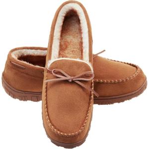 imageLA PLAGE Mens Moccasin Slippers Memory Foam Warm Plush House Slippers Indoor Outdoor Comfortable Winter House ShoesBrown