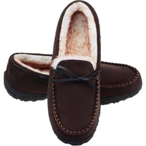 imageLA PLAGE Mens Moccasin Slippers Memory Foam Warm Plush House Slippers Indoor Outdoor Comfortable Winter House ShoesDark Brown