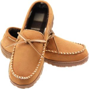 imageLulex Mens Moccasin Slippers Memory Foam Indoor Outdoor House Shoes with Hard SoleBeige
