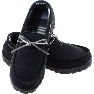 imageLulex Mens Moccasin Slippers Memory Foam Indoor Outdoor House Shoes with Hard SoleBlack