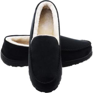 imageLulex Moccasins for Men House Slippers Indoor Outdoor Plush Mens Bedroom Shoes with Hard SoleBlack