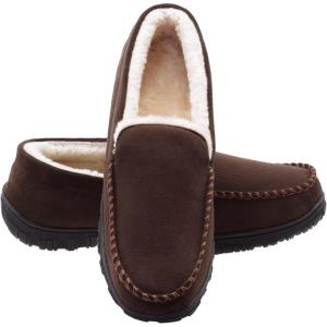 imageLulex Moccasins for Men House Slippers Indoor Outdoor Plush Mens Bedroom Shoes with Hard SoleBrown