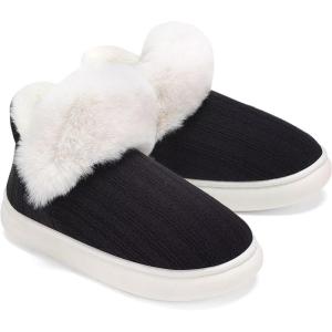 imageNineCiFun Womens Fuzzy Winter Bootie Slippers Knitted Ankle Boots Slippers Warm House Shoes Outdoor Indoor with Plush Fur LiningDark Black