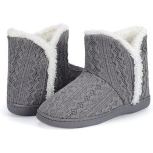 imageNineCiFun Womens Fuzzy Winter Bootie Slippers Knitted Ankle Boots Slippers Warm House Shoes Outdoor Indoor with Plush Fur LiningGrey