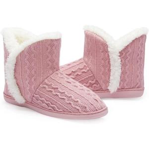 imageNineCiFun Womens Fuzzy Winter Bootie Slippers Knitted Ankle Boots Slippers Warm House Shoes Outdoor Indoor with Plush Fur LiningPink