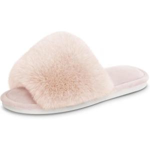 imageParlovable Womens Faux Fur Slippers Fuzzy Flat Spa Fluffy Open Toe House Shoes Indoor Outdoor Slip on Memory Foam Slide SandalsBeige