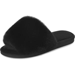 imageParlovable Womens Faux Fur Slippers Fuzzy Flat Spa Fluffy Open Toe House Shoes Indoor Outdoor Slip on Memory Foam Slide SandalsBlack