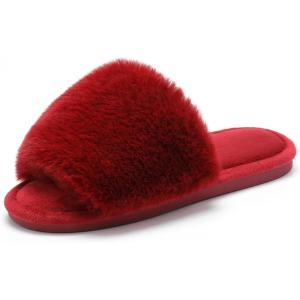 imageParlovable Womens Faux Fur Slippers Fuzzy Flat Spa Fluffy Open Toe House Shoes Indoor Outdoor Slip on Memory Foam Slide SandalsBurgundy