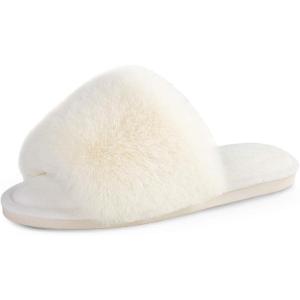 imageParlovable Womens Faux Fur Slippers Fuzzy Flat Spa Fluffy Open Toe House Shoes Indoor Outdoor Slip on Memory Foam Slide SandalsCream