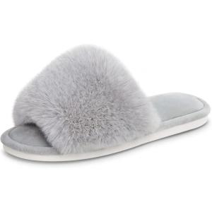 imageParlovable Womens Faux Fur Slippers Fuzzy Flat Spa Fluffy Open Toe House Shoes Indoor Outdoor Slip on Memory Foam Slide SandalsGrey