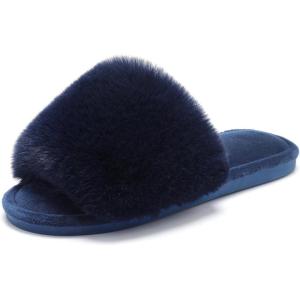 imageParlovable Womens Faux Fur Slippers Fuzzy Flat Spa Fluffy Open Toe House Shoes Indoor Outdoor Slip on Memory Foam Slide SandalsNavy