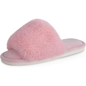 imageParlovable Womens Faux Fur Slippers Fuzzy Flat Spa Fluffy Open Toe House Shoes Indoor Outdoor Slip on Memory Foam Slide SandalsPink