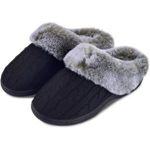 imageParlovable Womens Soft Cable Knit Slippers Soft Plush Faux Fur Collar Memory Foam Fuzzy House Shoes AntiSkid IndoorOutdoor Rubber SoleBlack