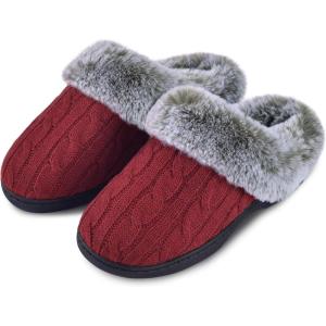 imageParlovable Womens Soft Cable Knit Slippers Soft Plush Faux Fur Collar Memory Foam Fuzzy House Shoes AntiSkid IndoorOutdoor Rubber SoleWine