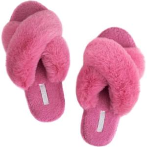 imageULTRAIDEAS Womens Fuzzy Cross Band House Slippers with Cozy Faux Fur Ladies Open Toe Indoor Outdoor Slip on SlippersPink Purple