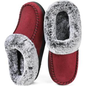 imageULTRAIDEAS Womens Memory Foam House Slippers with Hard Bottom Fur Lined House Shoes with NonSlip Rubber Sole for Indoor ampamp OutdoorMoc Red